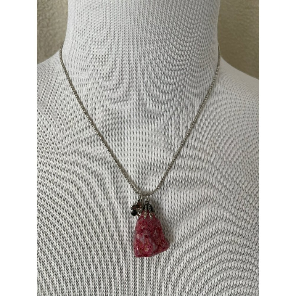 Pink Stone with Flower Charm Pendant Silver Tone Snake Chain Necklace